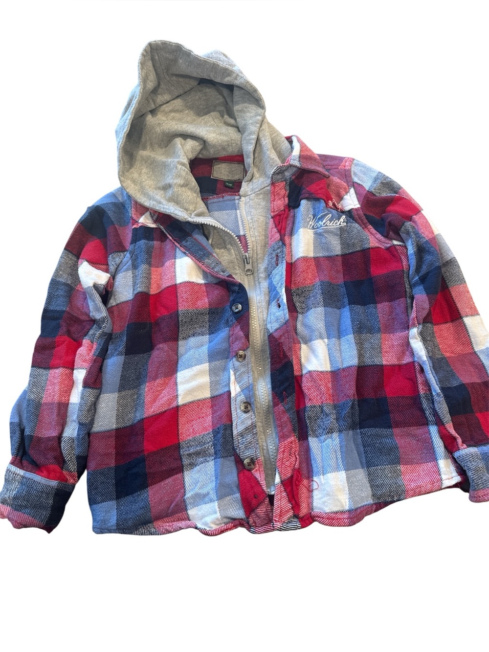Kids Woolrich Red & Blue Plaid Hooded Flannel Shirt Jacket. Size 10-12